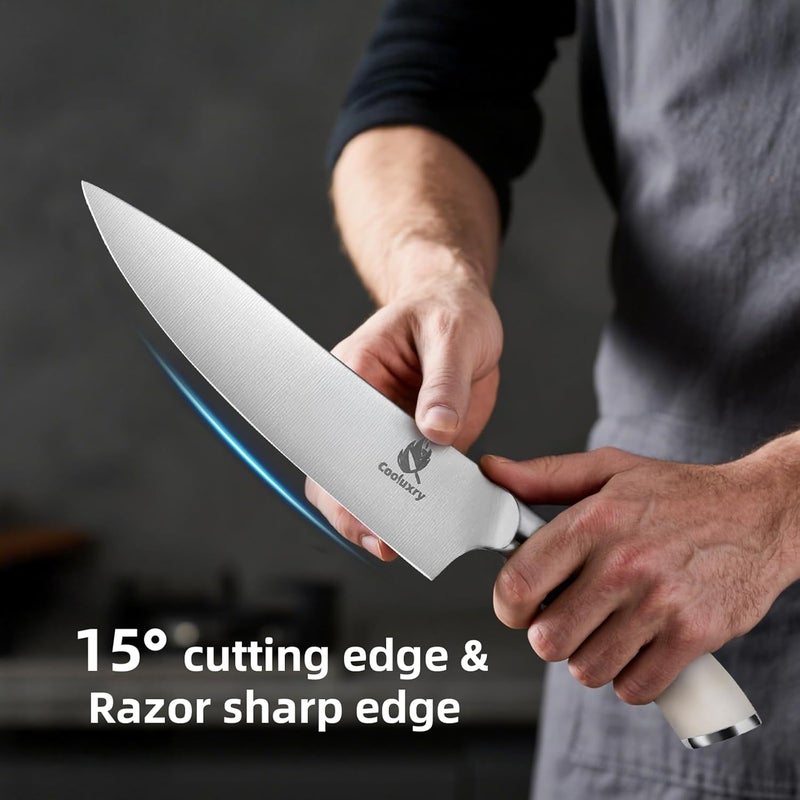 Cooluxry Professional White Chef Knife - 8 Inch High Carbon Stainless Steel Kitchen Knife with Ergonomic White Handle for Precise Cutting - Image 4